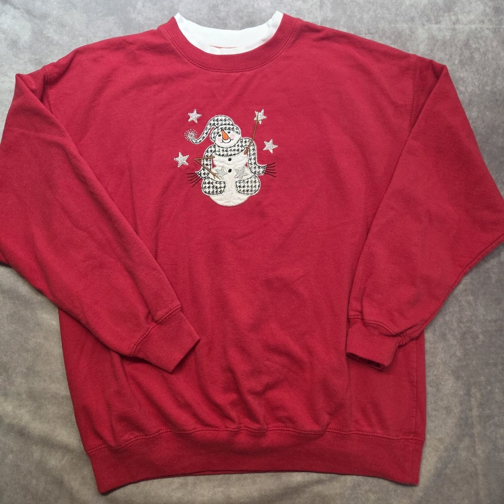 Vintage Snowman Christmas Crewneck Pullover Sweatshirt Red L Grannycore Cottage